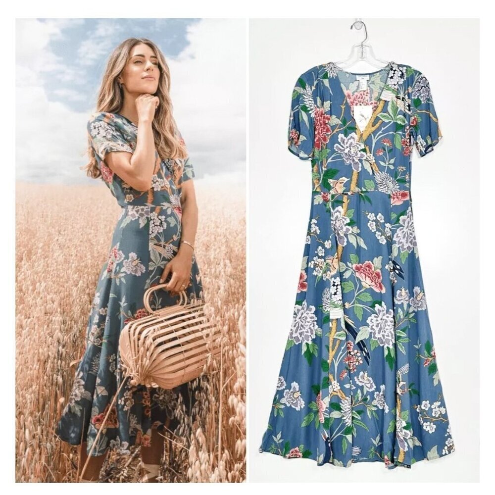 H&M Blue Floral Midi Dress with Multi-Color Blooms